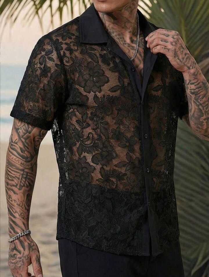 Men's Summer Beach Vacation Sheer Lace Loose Fit Drop Shoulder Shirt